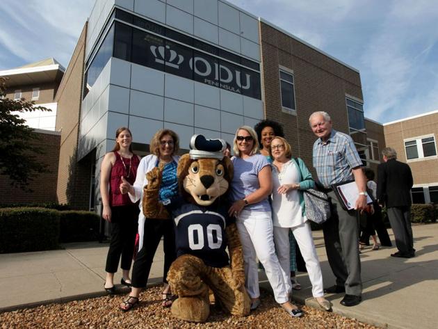 Big Blue and staff outside the ODU Tri-Cities Higher Education Center